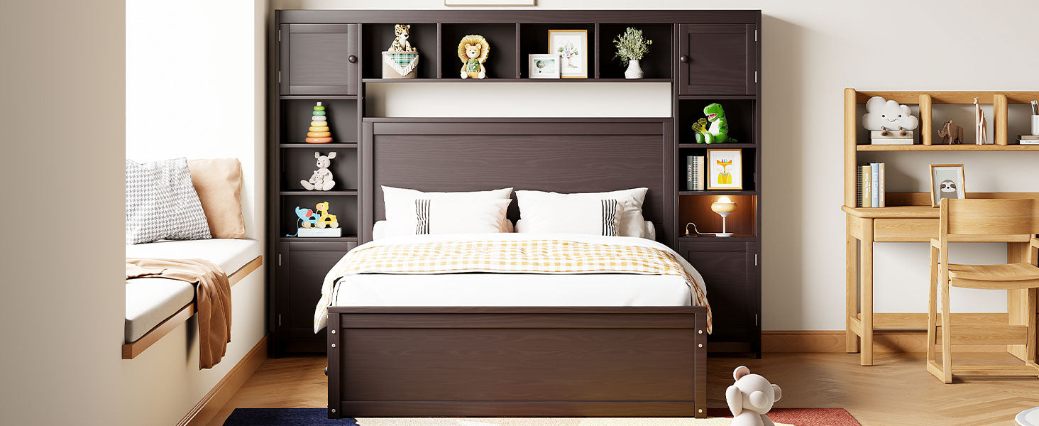Full Size Wooden Bed With All In One Cabinet, Shelf And Sockets,Twin Size Trundle, Espresso Full Espresso Solid Wood