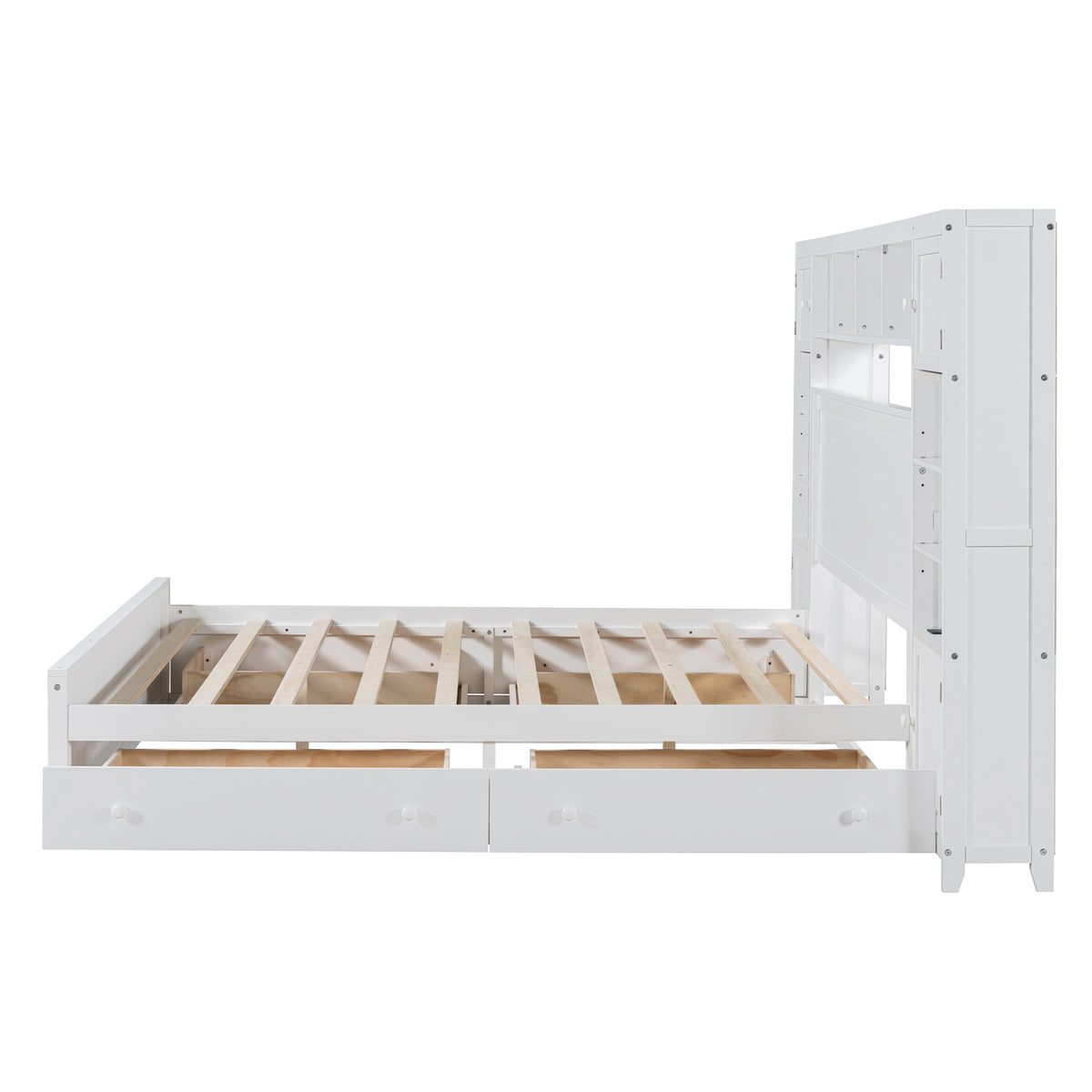 Queen Size Wooden Bed With All In One Cabinet, Shelf And Sockets, White White Solid Wood
