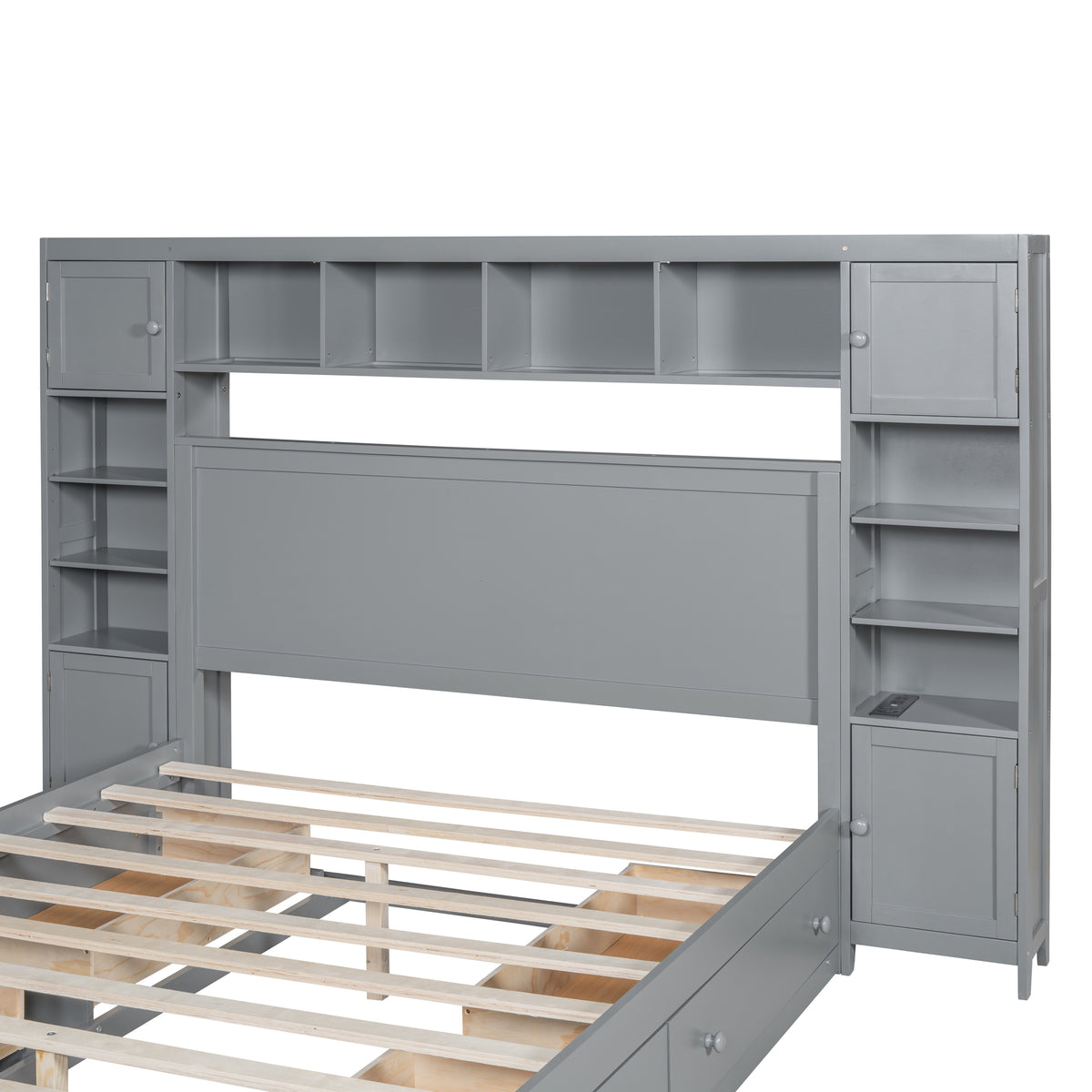 Queen Size Wooden Bed With All In One Cabinet, Shelf And Sockets, Gray Gray Solid Wood