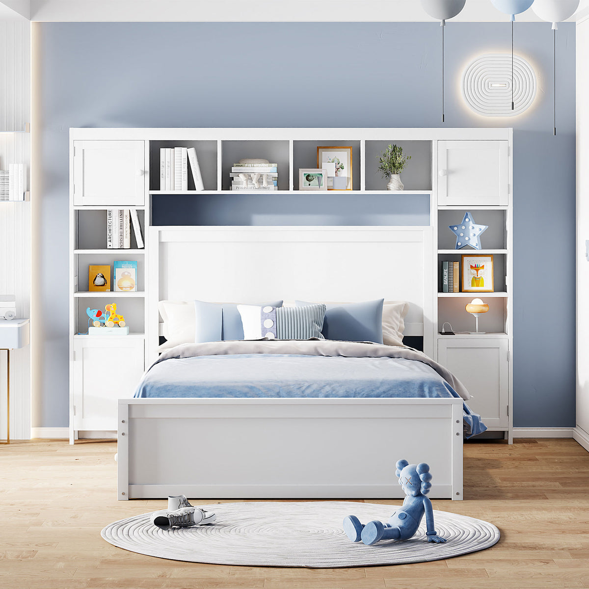 Full Size Wooden Bed With All In One Cabinet, Shelf And Sockets,Twin Size Trundle, White Full White Solid Wood