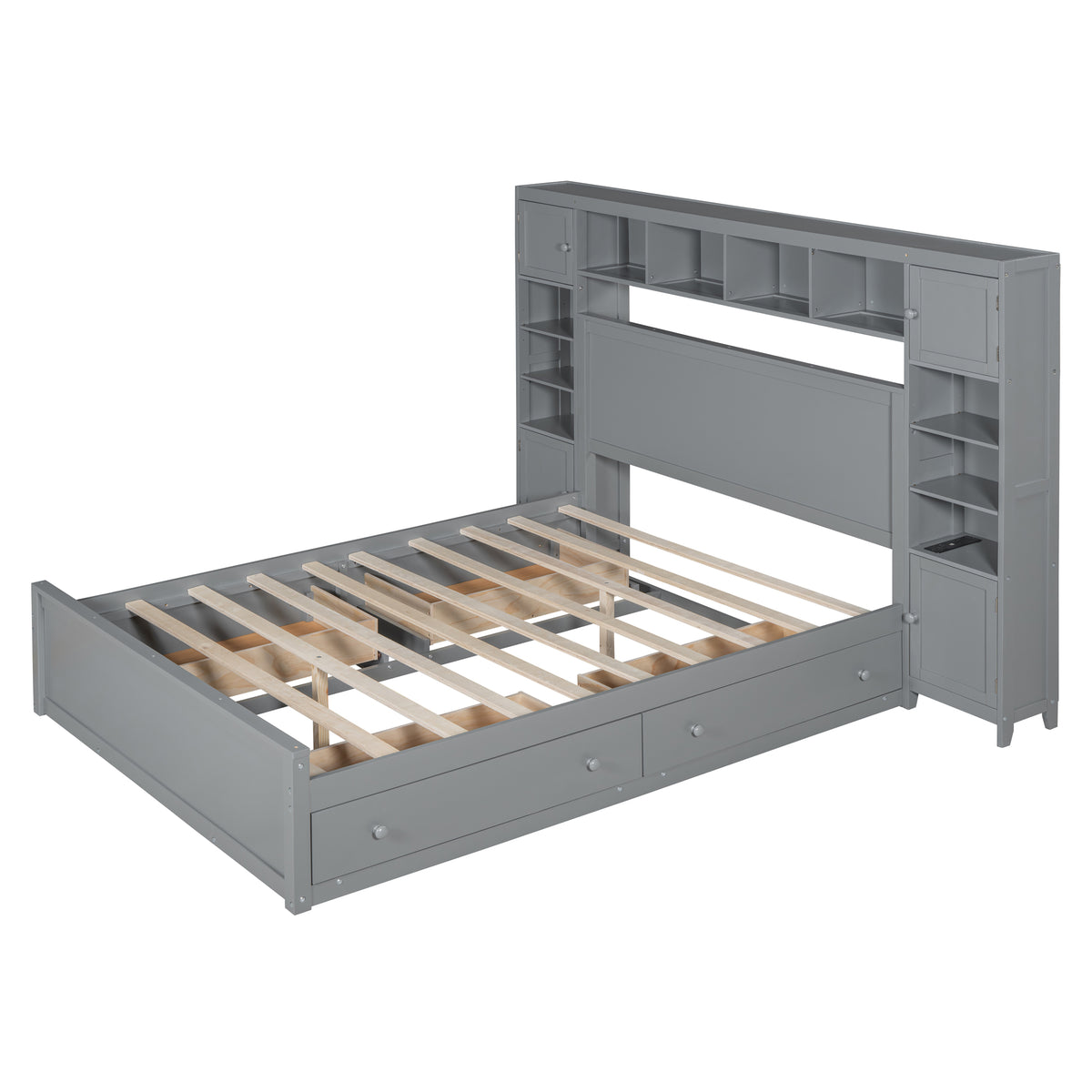 Queen Size Wooden Bed With All In One Cabinet, Shelf And Sockets, Gray Gray Solid Wood