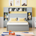 Full Size Wooden Bed With All In One Cabinet, Shelf And Sockets,Twin Size Trundle, Gray Full Gray Solid Wood