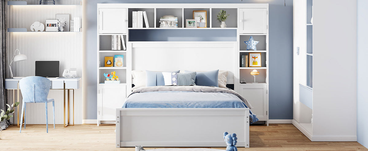 Full Size Wooden Bed With All In One Cabinet, Shelf And Sockets,Twin Size Trundle, White Full White Solid Wood