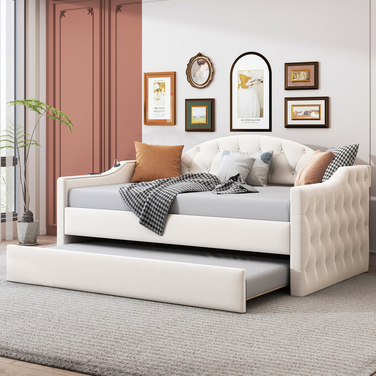 Twin Size Tufted Upholstered Daybed With Trundle ,Velvet Sofabed With Usb&Type C Charging Ports,No Box Spring Needed, Beige Beige Velvet