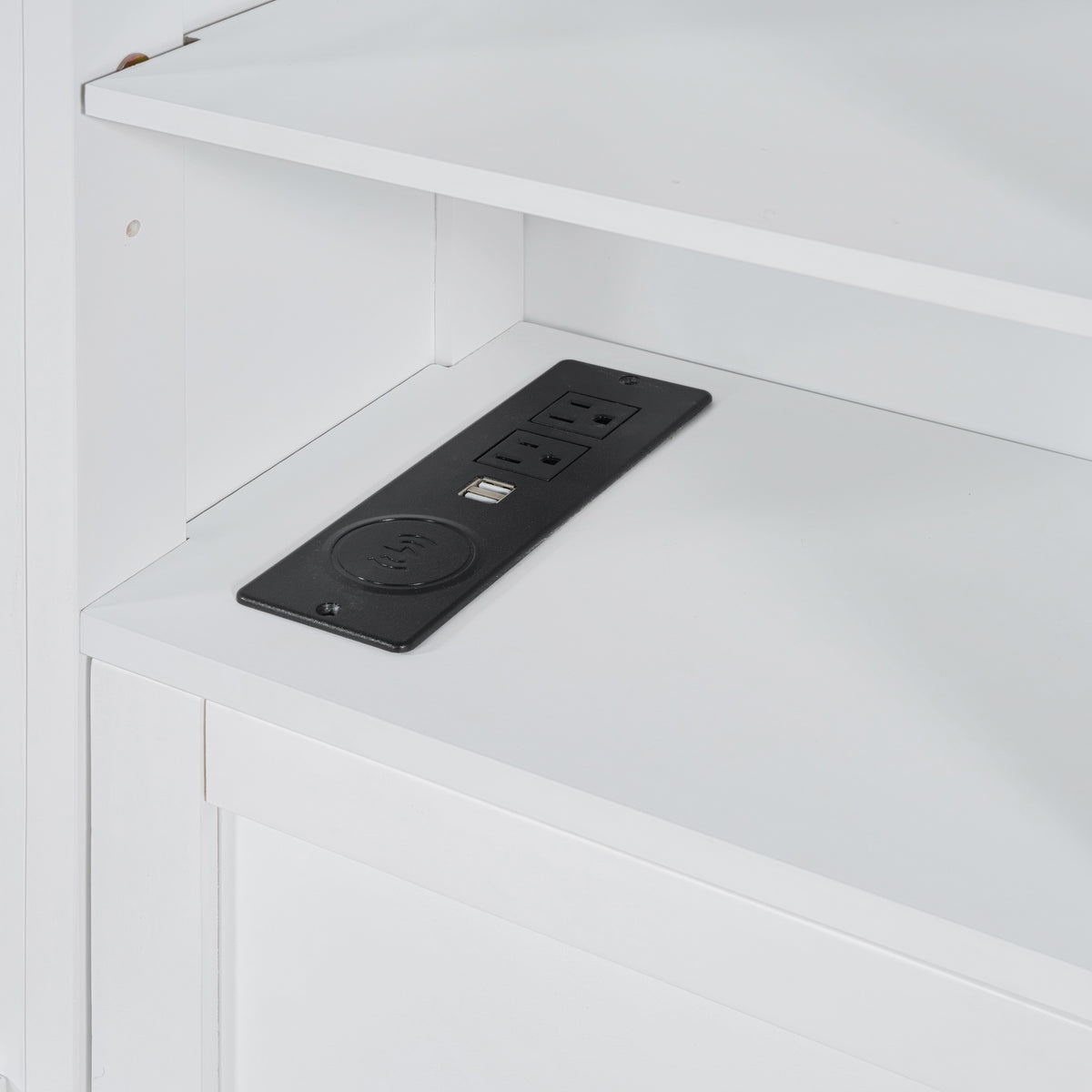 Queen Size Wooden Bed With All In One Cabinet, Shelf And Sockets, White White Solid Wood