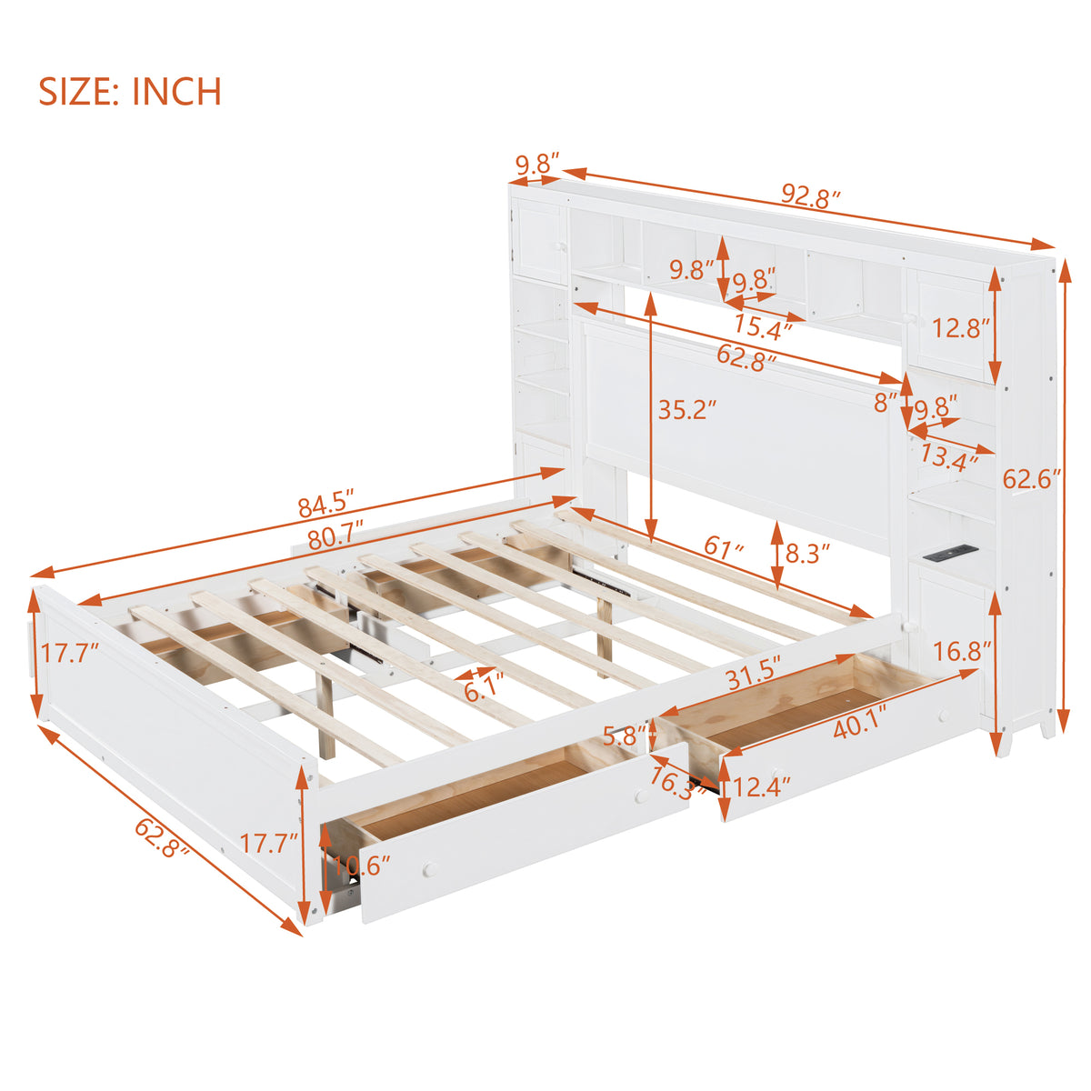 Queen Size Wooden Bed With All In One Cabinet, Shelf And Sockets, White White Solid Wood