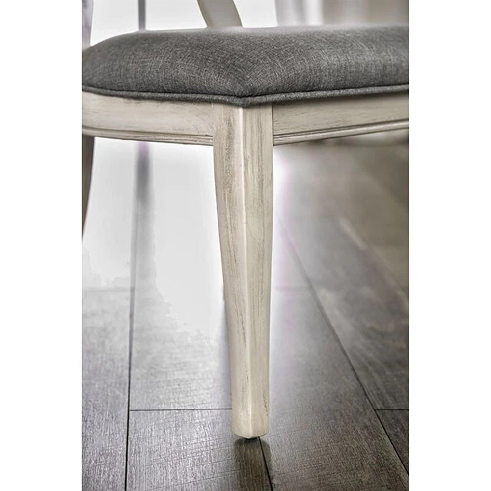 Set Of 2 Padded Gray Fabric Dining Chairs In Antique White Finish Solid Antique White Dining Room Dining Chairs Wood Fabric