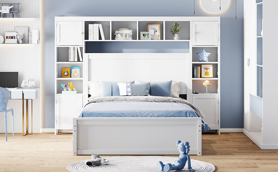 Full Size Wooden Bed With All In One Cabinet, Shelf And Sockets,Twin Size Trundle, White Full White Solid Wood