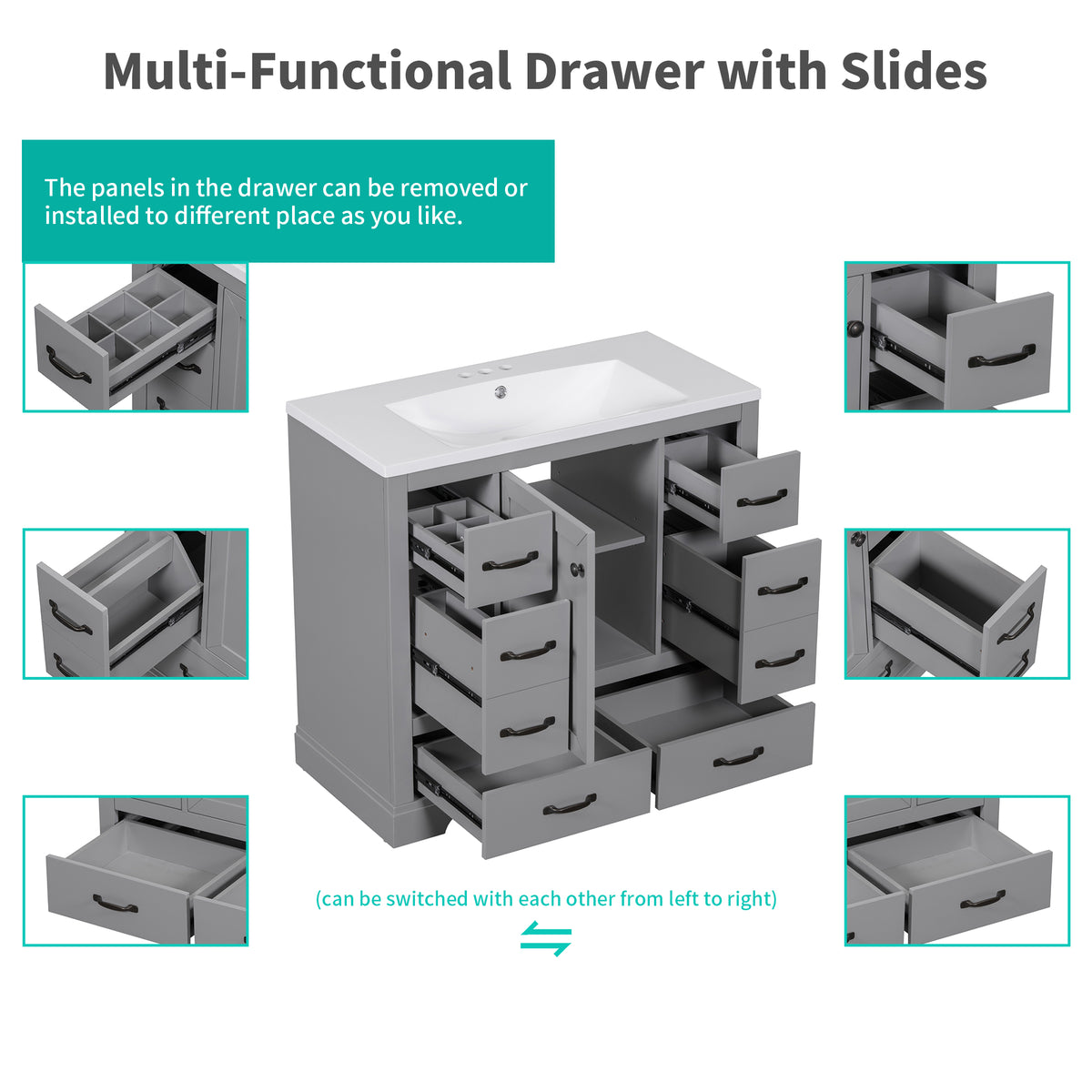 36" Bathroom Vanity With Sink Combo, Six Drawers, Multi Functional Drawer Divider, Adjustable Shelf, Grey Old Sku:Sy999808Aae Grey Solid Wood Mdf