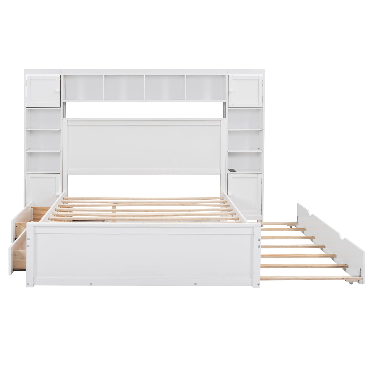 Queen Size Wooden Bed With All In One Cabinet, Shelf And Sockets,Twin Xl Trundle,White Queen White Solid Wood
