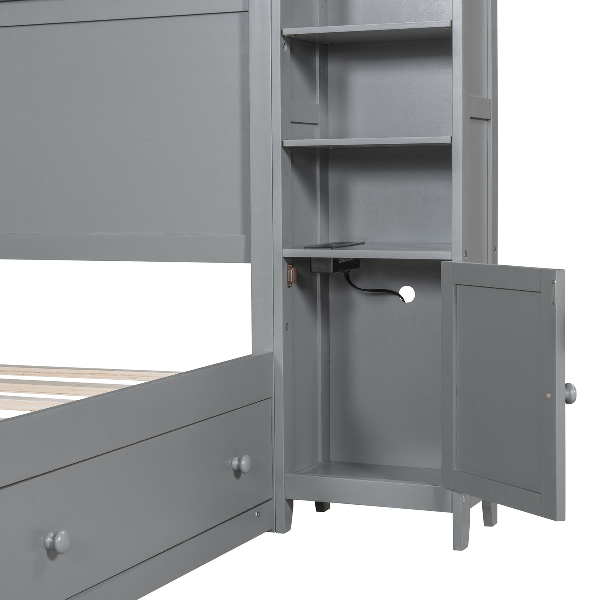 Queen Size Wooden Bed With All In One Cabinet, Shelf And Sockets, Gray Gray Solid Wood