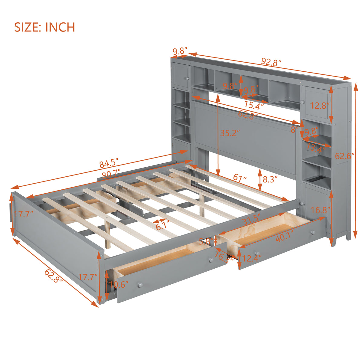 Queen Size Wooden Bed With All In One Cabinet, Shelf And Sockets, Gray Gray Solid Wood