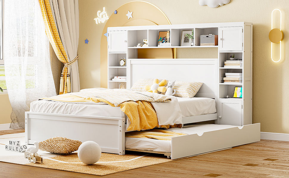 Queen Size Wooden Bed With All In One Cabinet, Shelf And Sockets,Twin Xl Trundle,White Queen White Solid Wood