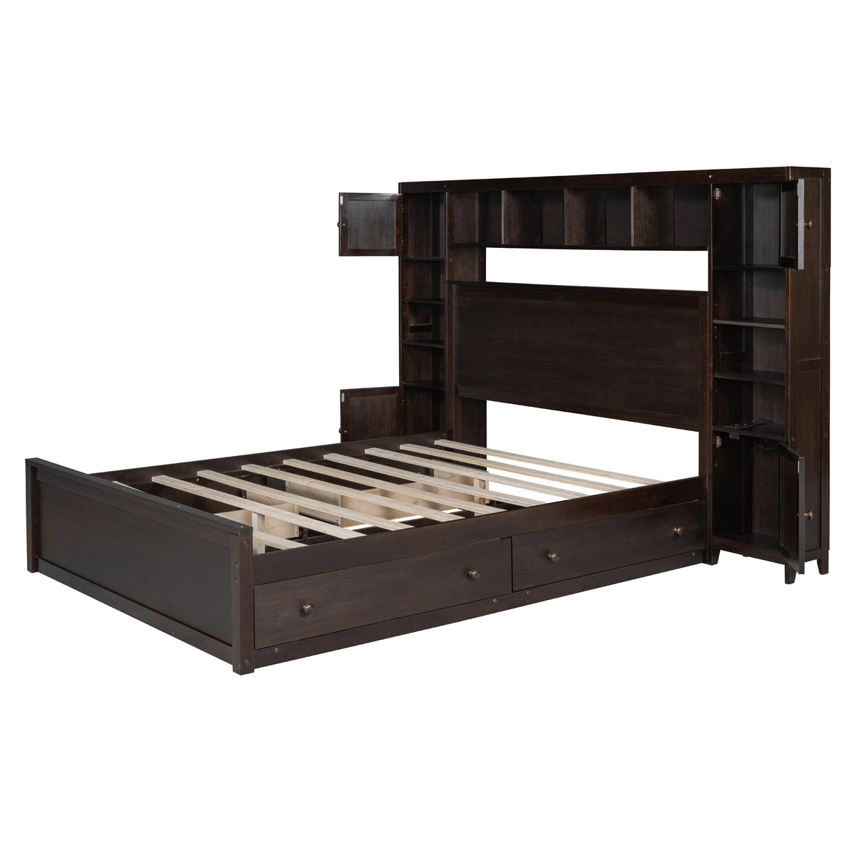 Queen Size Wooden Bed With All In One Cabinet, Shelf And Sockets, Espresso Espresso Solid Wood