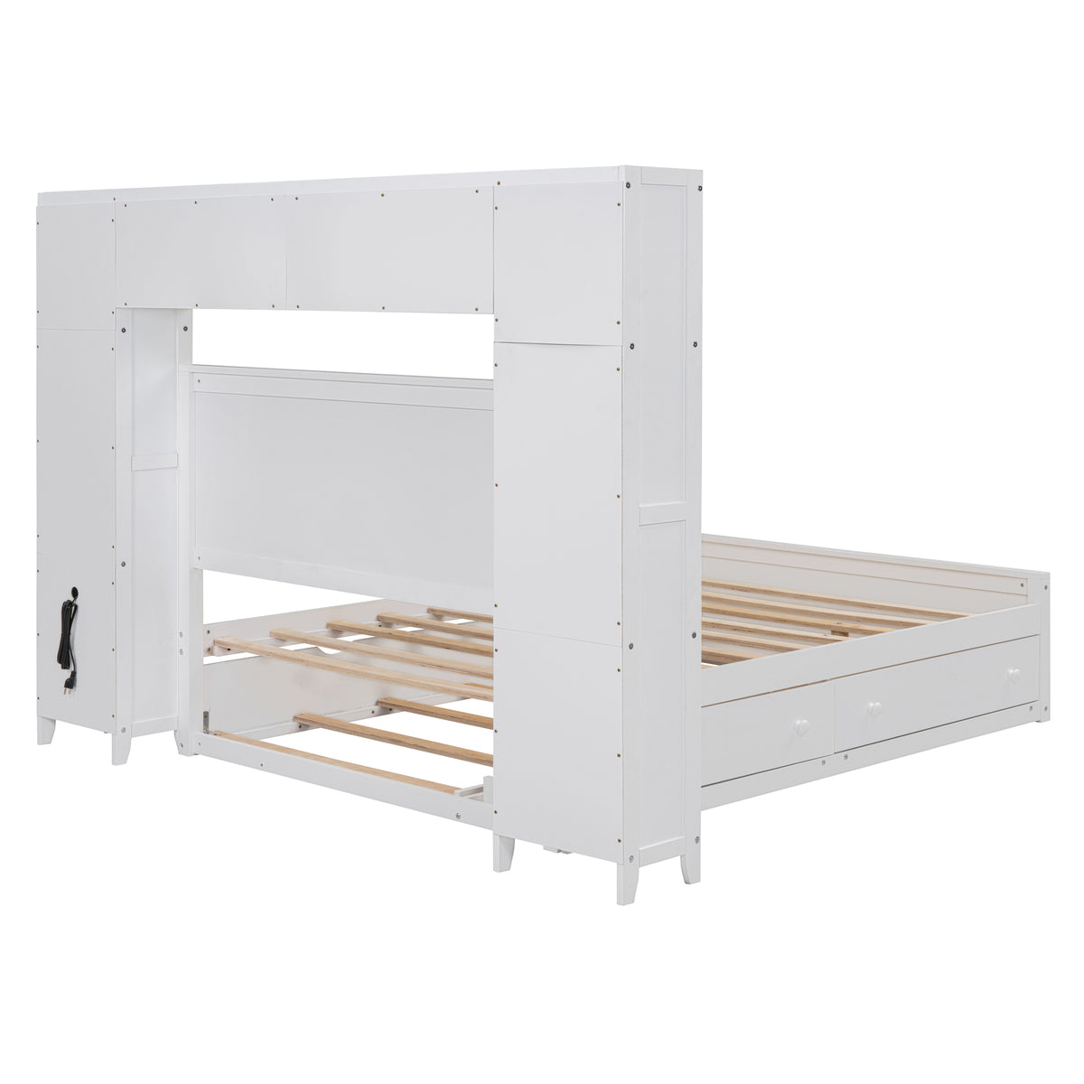 Full Size Wooden Bed With All In One Cabinet, Shelf And Sockets,Twin Size Trundle, White Full White Solid Wood