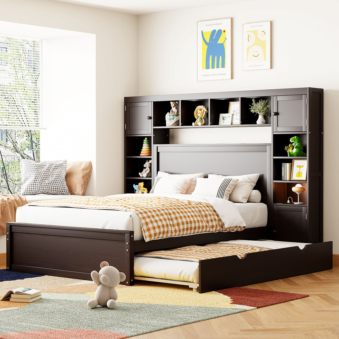 Full Size Wooden Bed With All In One Cabinet, Shelf And Sockets,Twin Size Trundle, Espresso Full Espresso Solid Wood