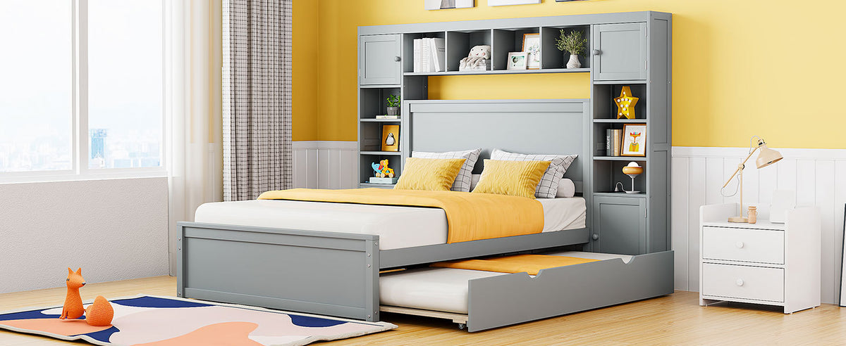 Full Size Wooden Bed With All In One Cabinet, Shelf And Sockets,Twin Size Trundle, Gray Full Gray Solid Wood