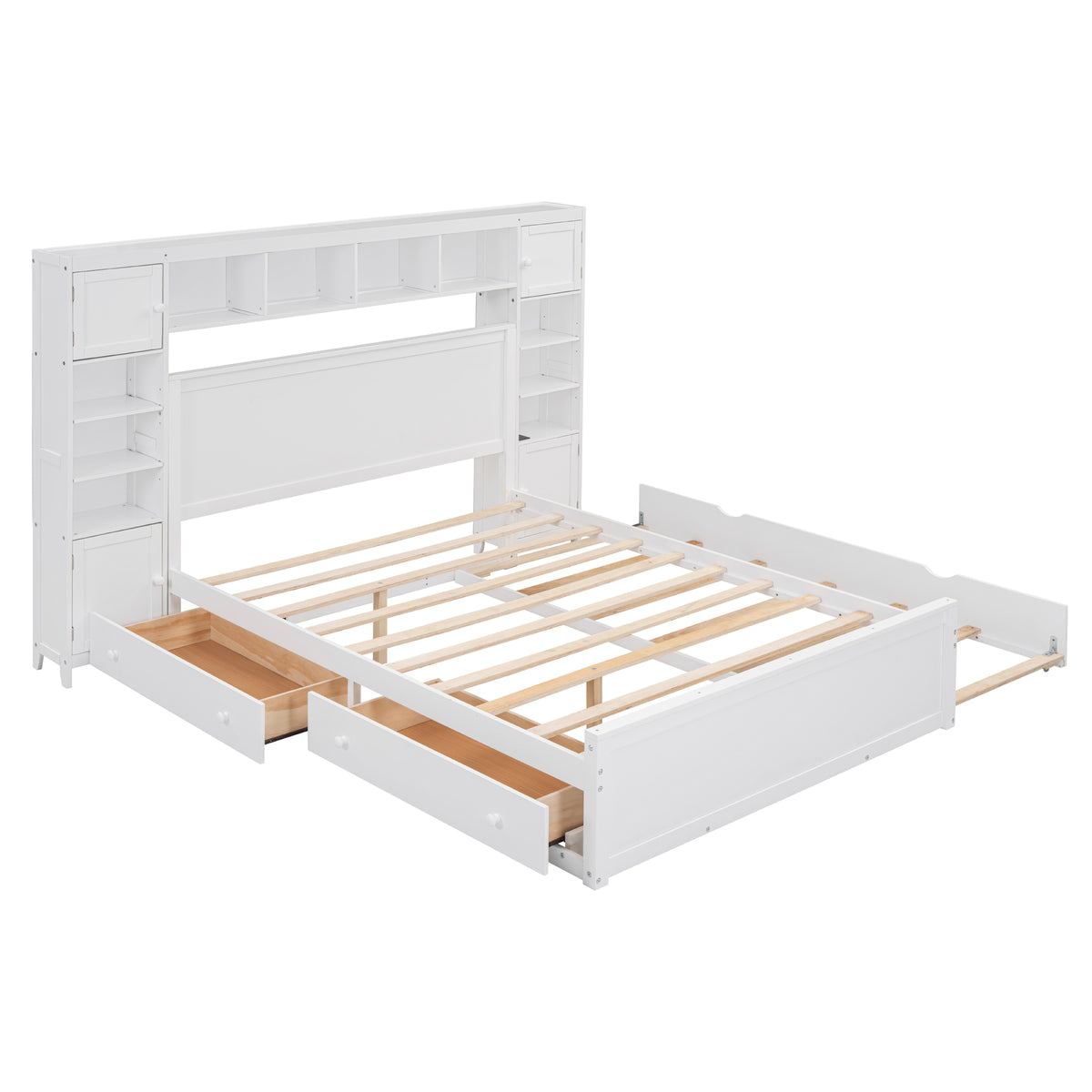 Queen Size Wooden Bed With All In One Cabinet, Shelf And Sockets,Twin Xl Trundle,White Queen White Solid Wood