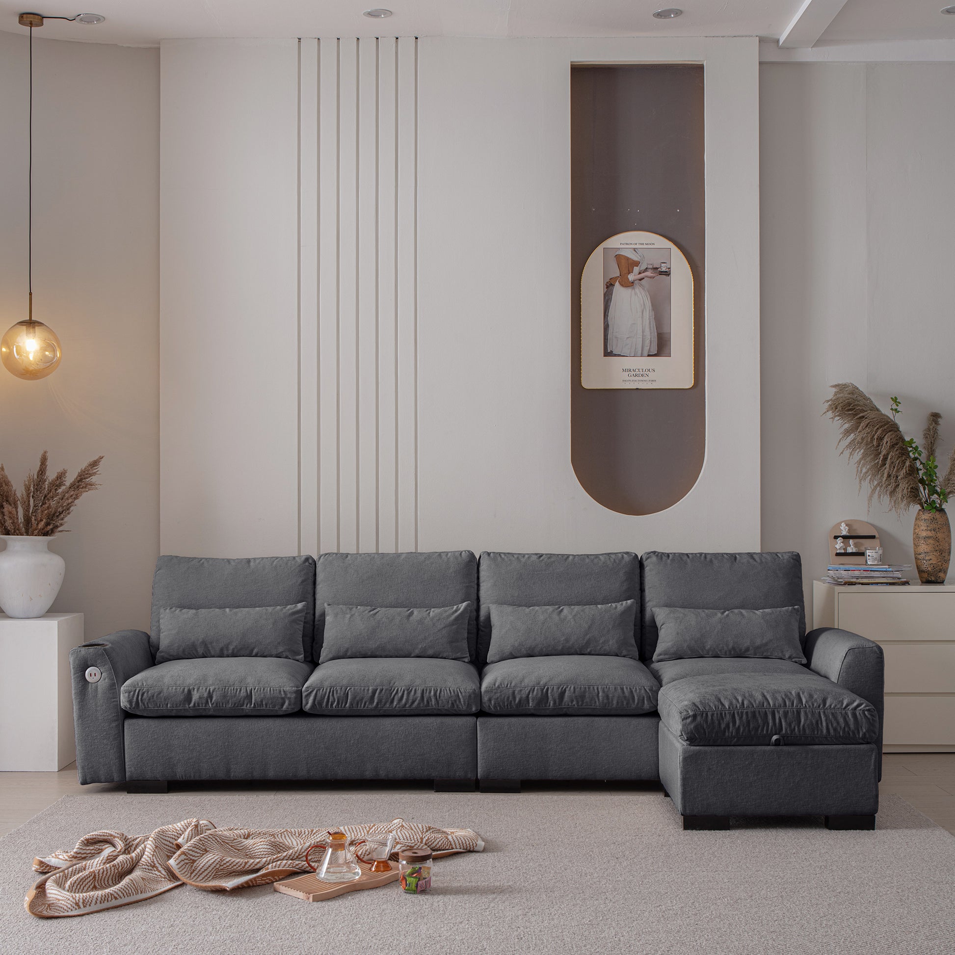 114.5"Modern Modular L Shaped Chenille Sofa Couch Reversible Ottoman With Storage Removable And Washable Cushions Sofa With Usb Ports & Cup Holder For Living Room Dark Grey Modern Foam Chenille