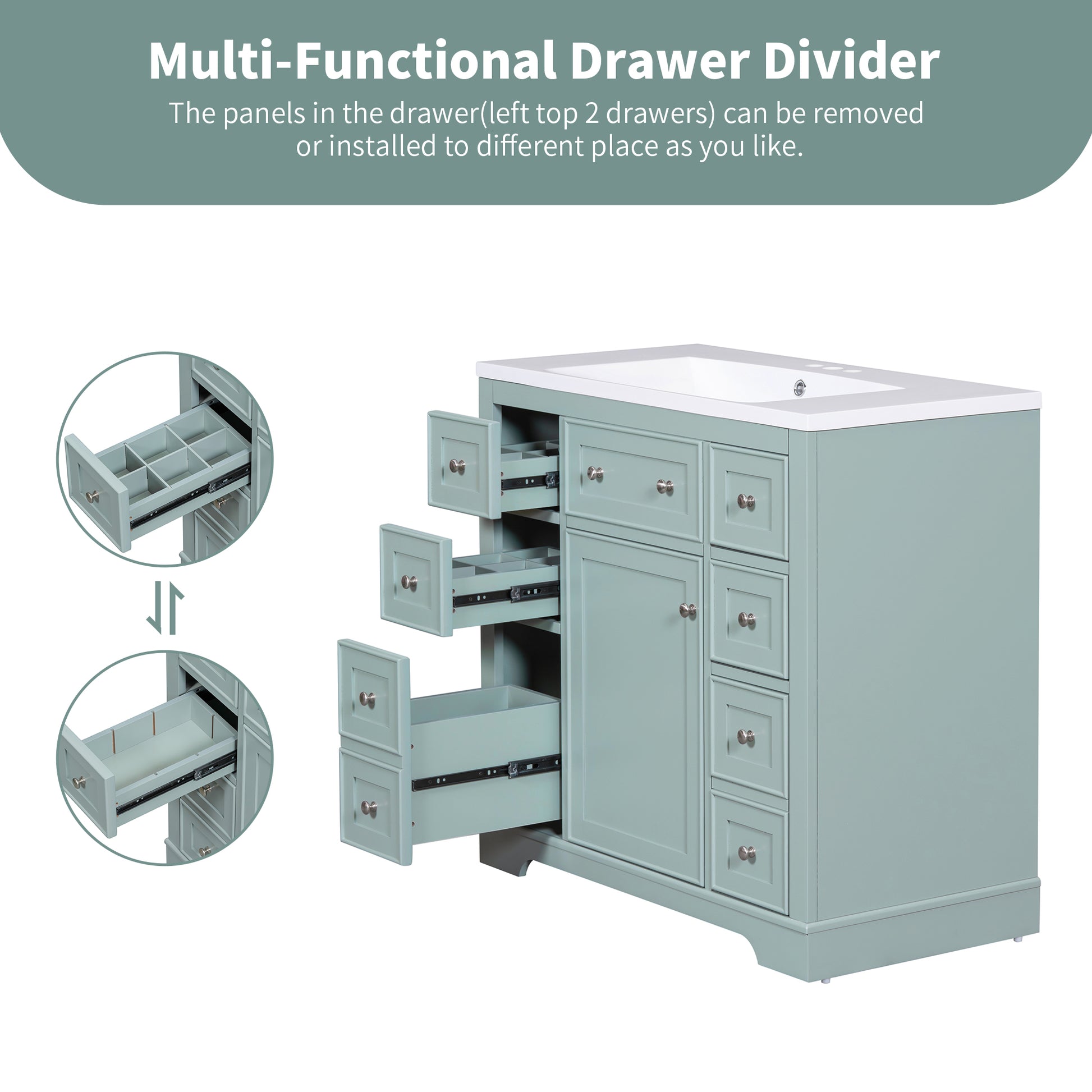 36" Bathroom Vanity With Sink Combo, One Cabinet And Six Drawers, Solid Wood And Mdf Board, Green Green Solid Wood Mdf