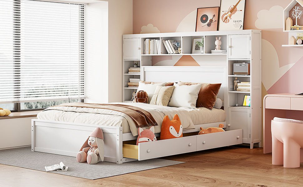 Queen Size Wooden Bed With All In One Cabinet, Shelf And Sockets, White White Solid Wood
