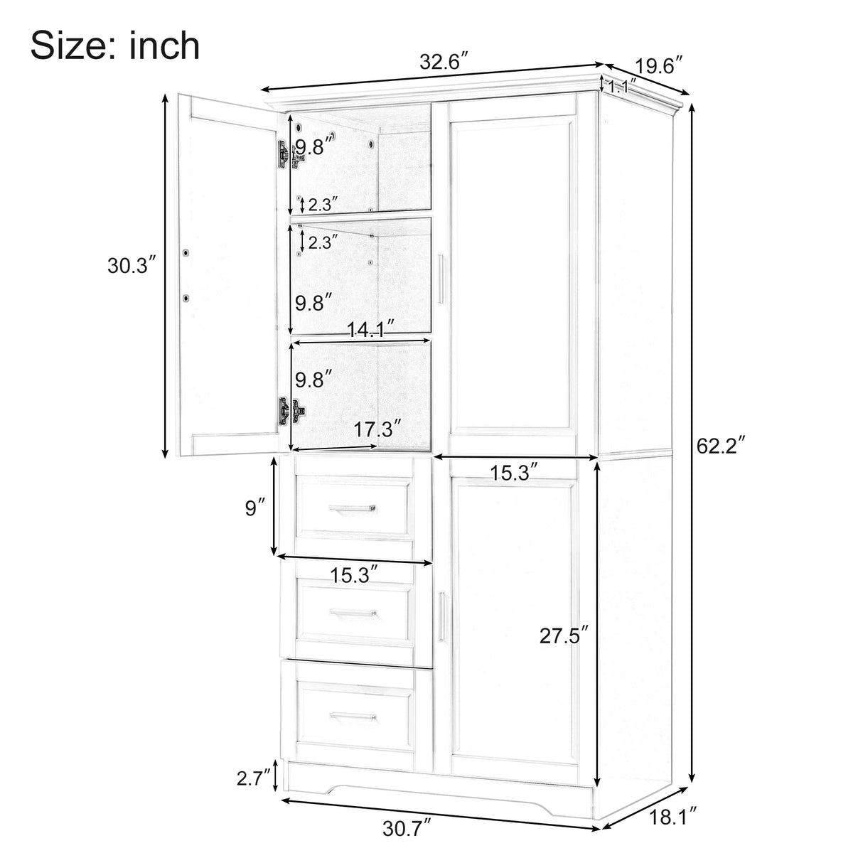 Tall And Wide Storage Cabinet With Doors For Bathroom Office, Three Drawers, Grey Grey Mdf