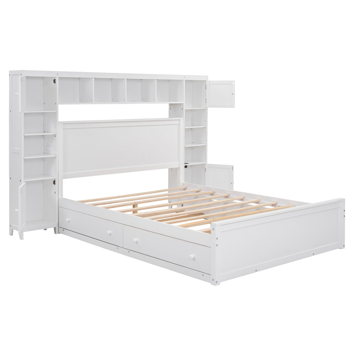 Queen Size Wooden Bed With All In One Cabinet, Shelf And Sockets,Twin Xl Trundle,White Queen White Solid Wood