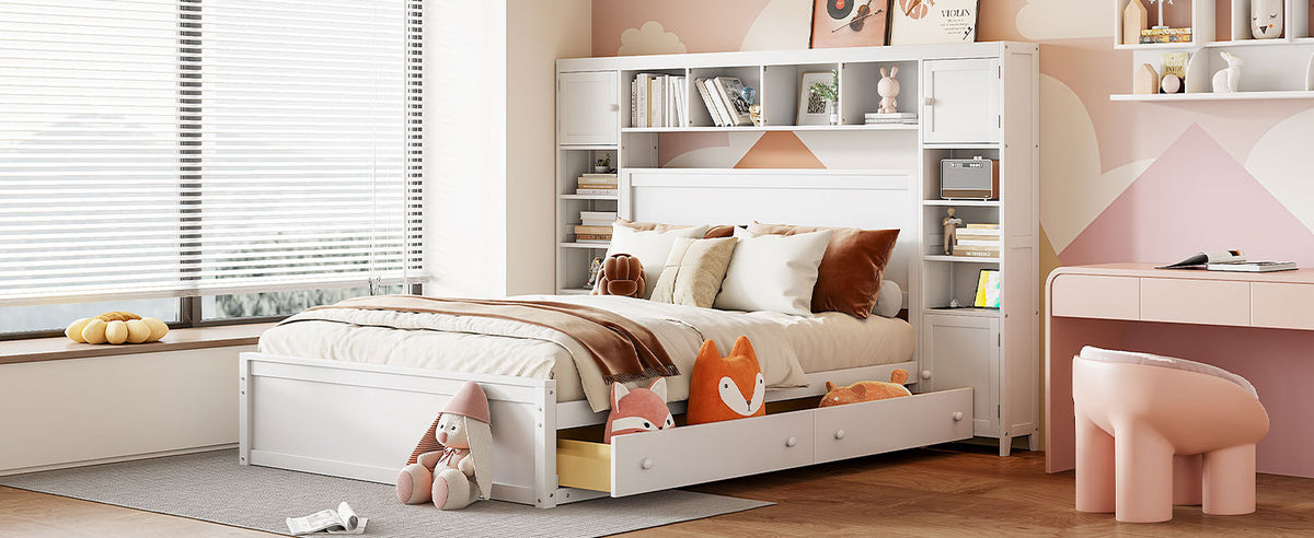 Queen Size Wooden Bed With All In One Cabinet, Shelf And Sockets, White White Solid Wood