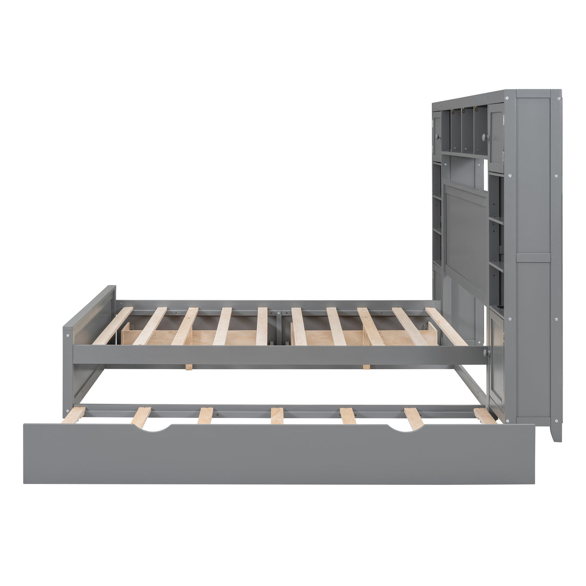 Full Size Wooden Bed With All In One Cabinet, Shelf And Sockets,Twin Size Trundle, Gray Full Gray Solid Wood