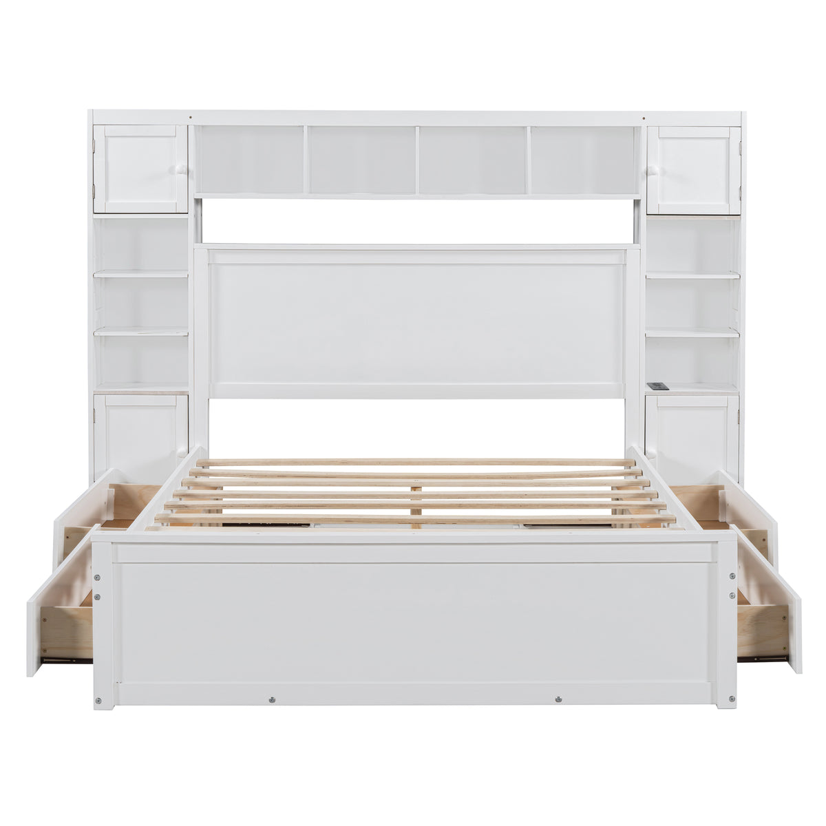 Queen Size Wooden Bed With All In One Cabinet, Shelf And Sockets, White White Solid Wood
