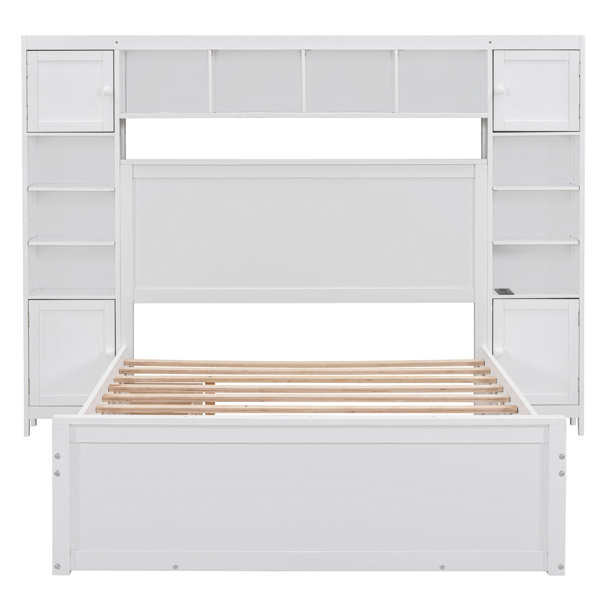 Full Size Wooden Bed With All In One Cabinet, Shelf And Sockets,Twin Size Trundle, White Full White Solid Wood