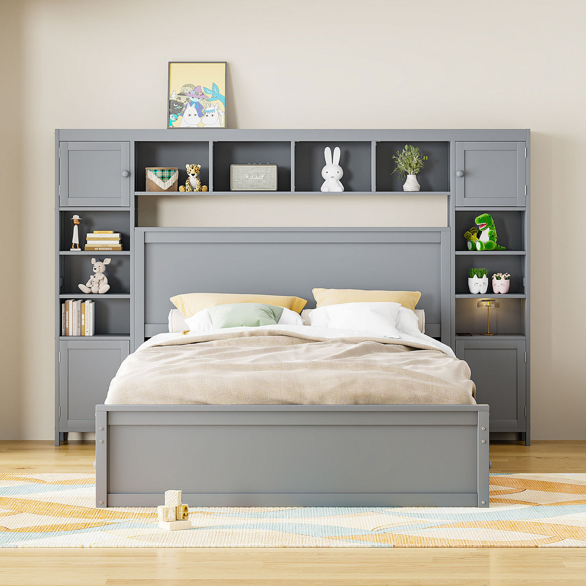 Queen Size Wooden Bed With All In One Cabinet, Shelf And Sockets, Gray Gray Solid Wood