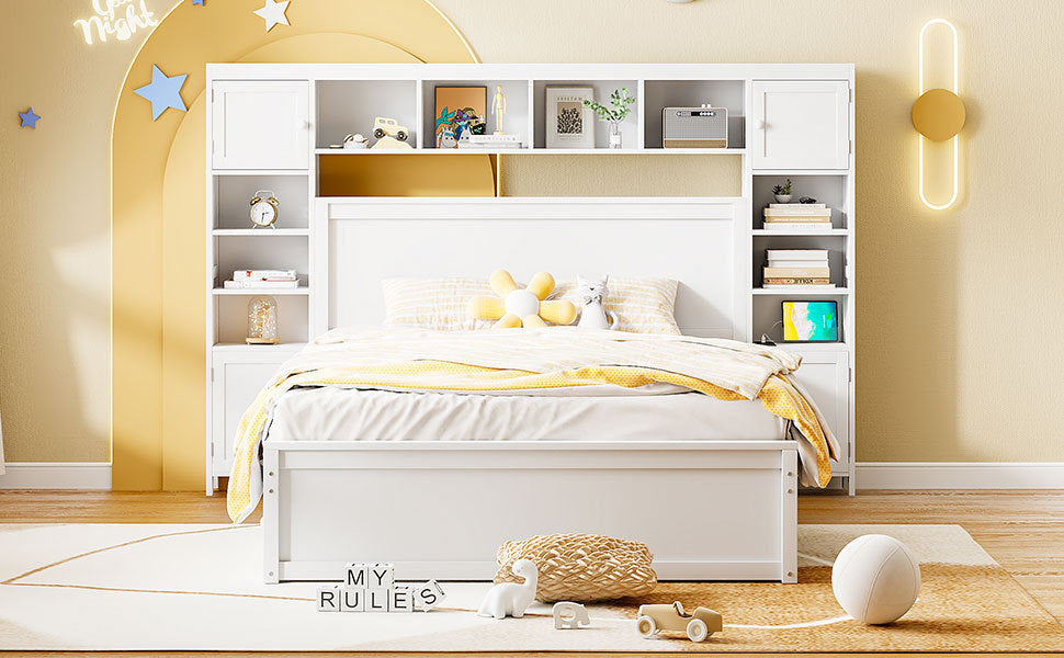 Queen Size Wooden Bed With All In One Cabinet, Shelf And Sockets,Twin Xl Trundle,White Queen White Solid Wood