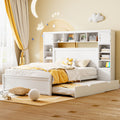 Queen Size Wooden Bed With All In One Cabinet, Shelf And Sockets,Twin Xl Trundle,White Queen White Solid Wood