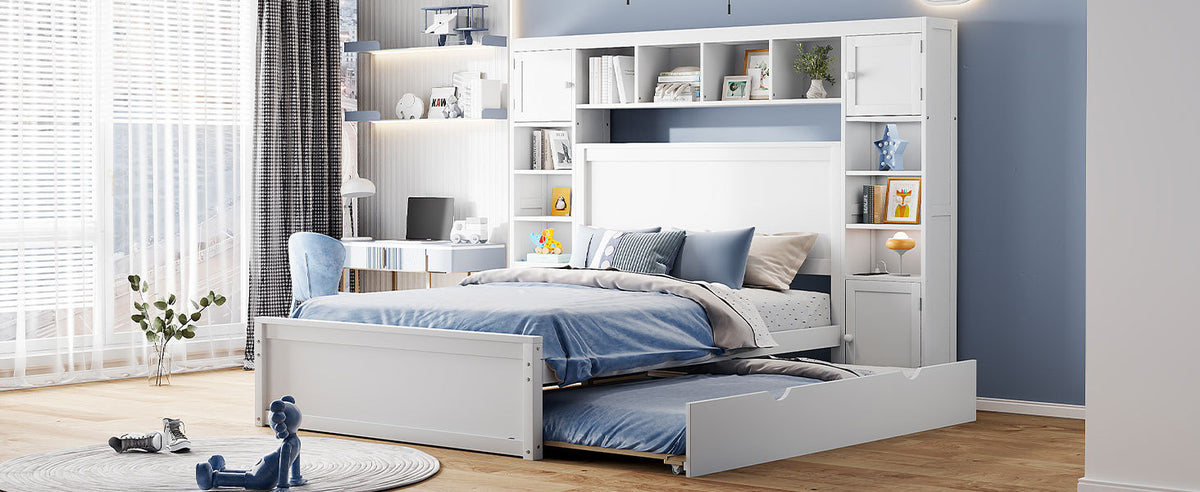 Full Size Wooden Bed With All In One Cabinet, Shelf And Sockets,Twin Size Trundle, White Full White Solid Wood