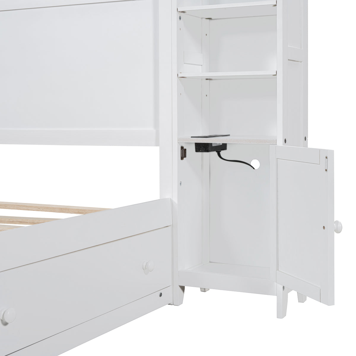 Queen Size Wooden Bed With All In One Cabinet, Shelf And Sockets, White White Solid Wood