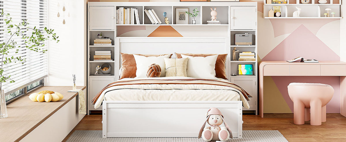 Queen Size Wooden Bed With All In One Cabinet, Shelf And Sockets, White White Solid Wood