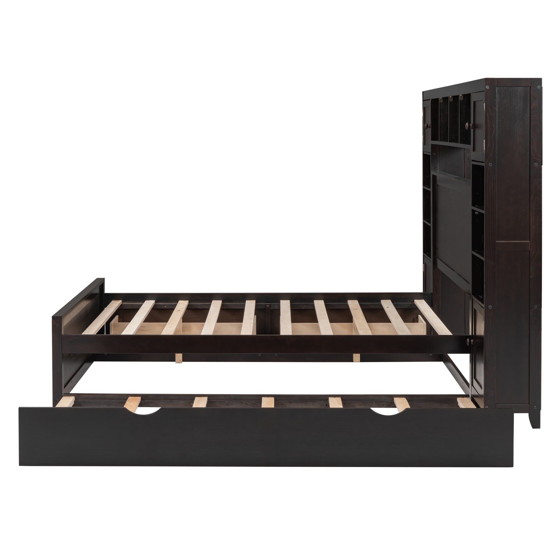 Full Size Wooden Bed With All In One Cabinet, Shelf And Sockets,Twin Size Trundle, Espresso Full Espresso Solid Wood