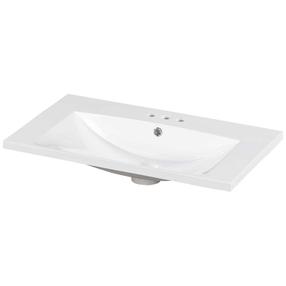 30" Single Bathroom Basin Sink, Vanity Top Only, 3 Faucet Holes, Resin White Resin