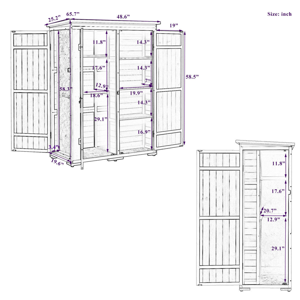Outdoor 5.5Ft Hx4.1Ft L Wood Storage Shed, Garden Tool Cabinet With Waterproof Asphalt Roof, Four Lockable Doors, Multiple Tier Shelves, White And Gray White Gray Water Resistant Frame Garden &