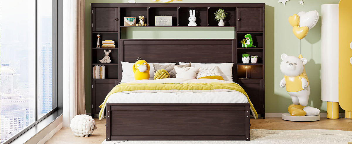 Queen Size Wooden Bed With All In One Cabinet, Shelf And Sockets, Espresso Espresso Solid Wood