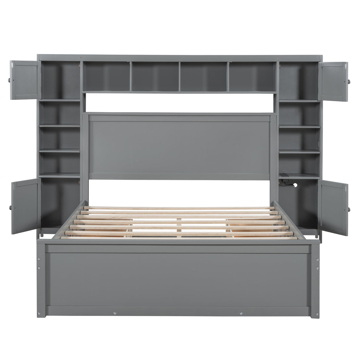 Queen Size Wooden Bed With All In One Cabinet, Shelf And Sockets, Gray Gray Solid Wood