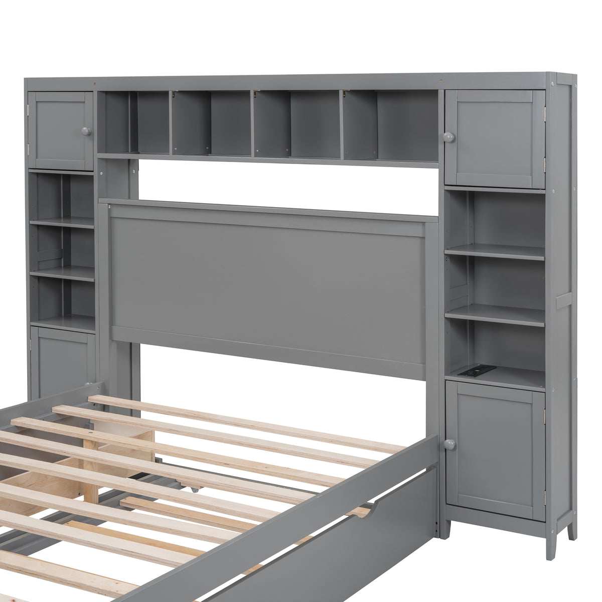 Full Size Wooden Bed With All In One Cabinet, Shelf And Sockets,Twin Size Trundle, Gray Full Gray Solid Wood
