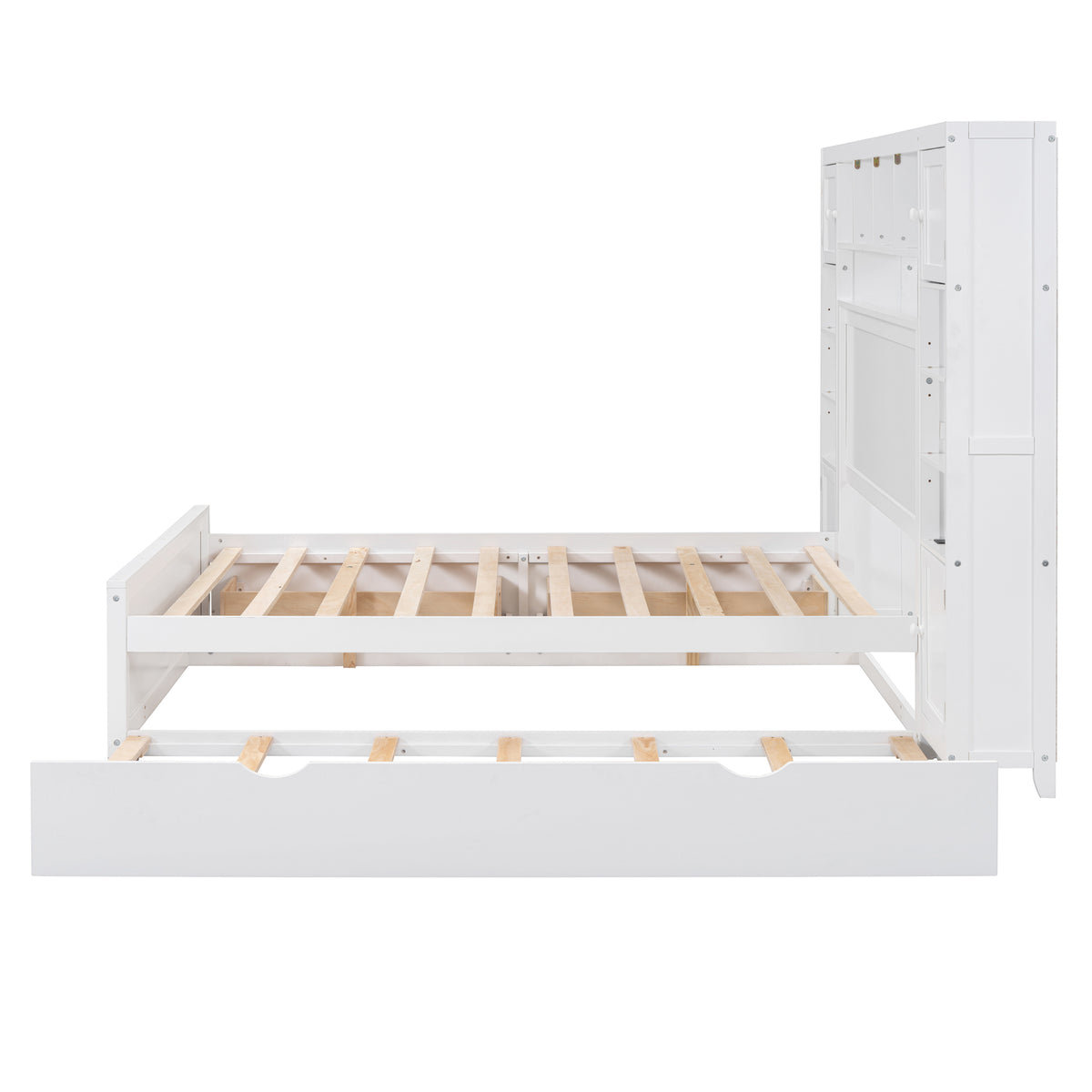 Full Size Wooden Bed With All In One Cabinet, Shelf And Sockets,Twin Size Trundle, White Full White Solid Wood