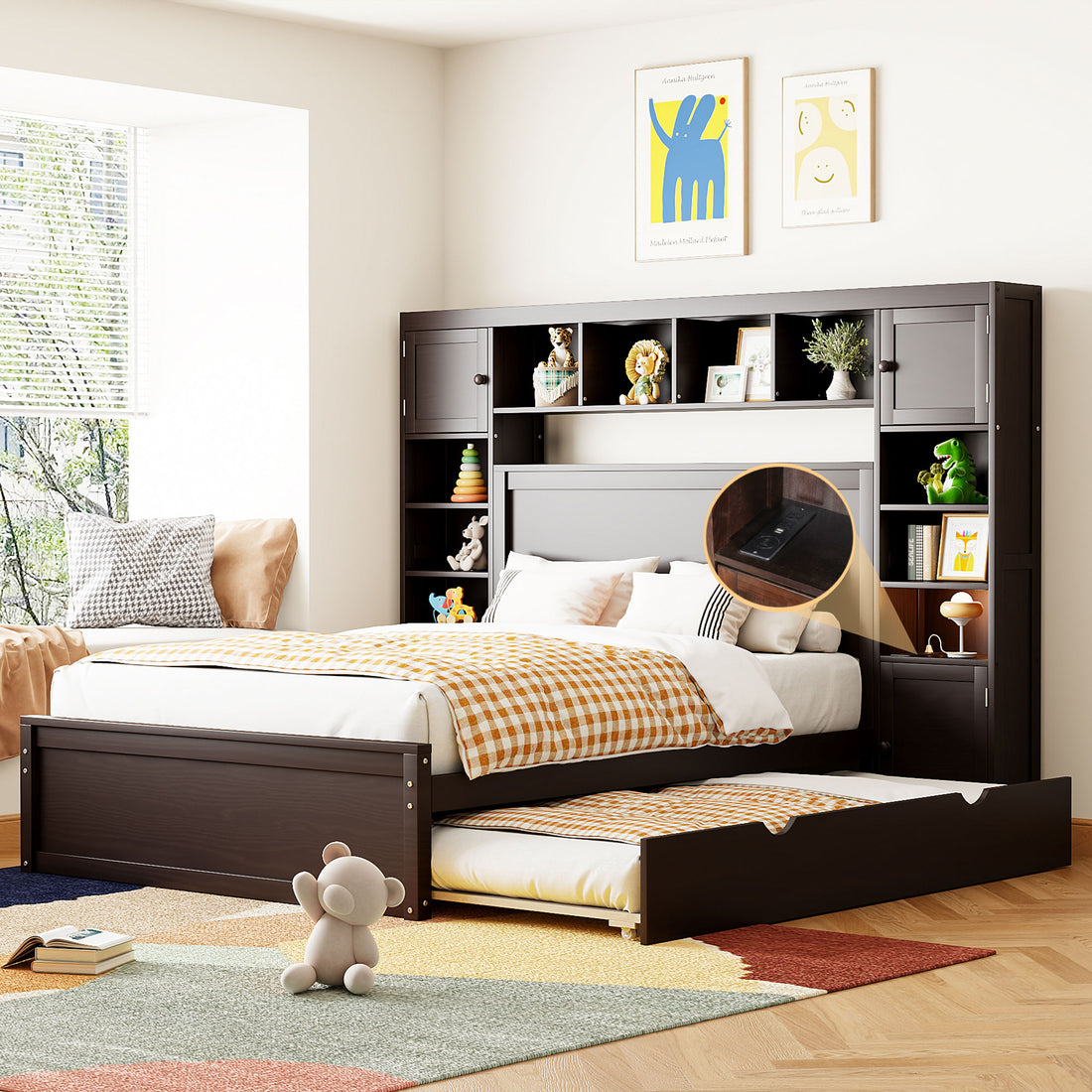 Full Size Wooden Bed With All In One Cabinet, Shelf And Sockets,Twin Size Trundle, Espresso Full Espresso Solid Wood