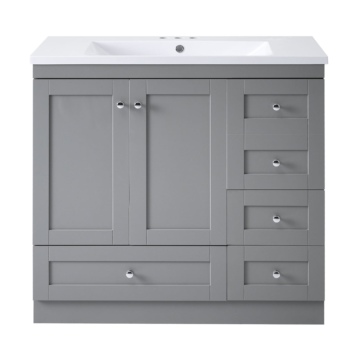 Video 36 Inch Shaker Style Free Standing Bathroom Vanity Cabinet With Sink, 4 Soft Close Drawers And 2 Soft Close Doors Gray Mdf