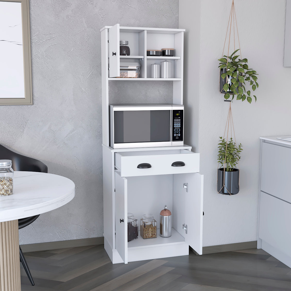 Pantry Cabinet With Drawer And 3 Doors, White Kitchen White White Contemporary,Modern Pine Particle Board Engineered Wood