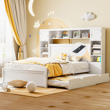 Queen Size Wooden Bed With All In One Cabinet, Shelf And Sockets,Twin Xl Trundle,White Queen White Solid Wood
