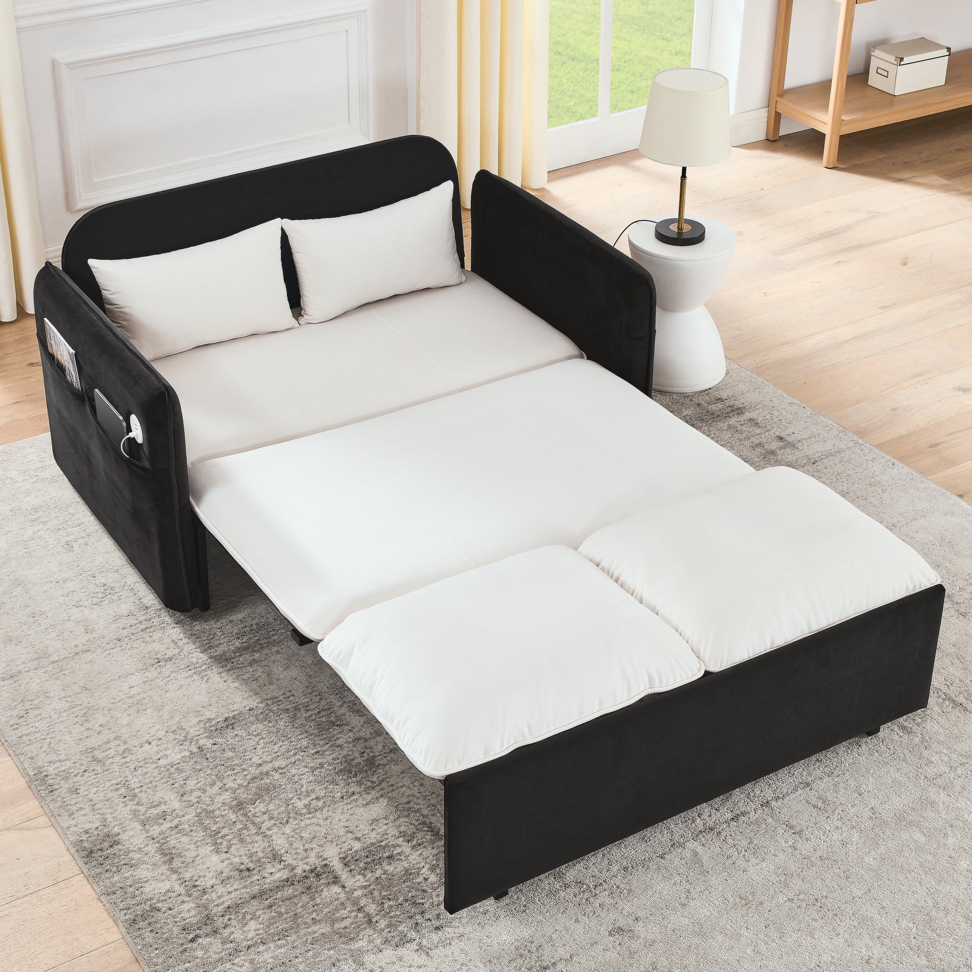 53" Modern Convertible Sofa Bed W 2 Removable Armrests W Usb Power Port, Velvet Recliner Adjustable Sofa W Head Pull Out Bed, 2 Pillows, For Living Room Apartment Etc., White Black Beige Black Foam Velvet