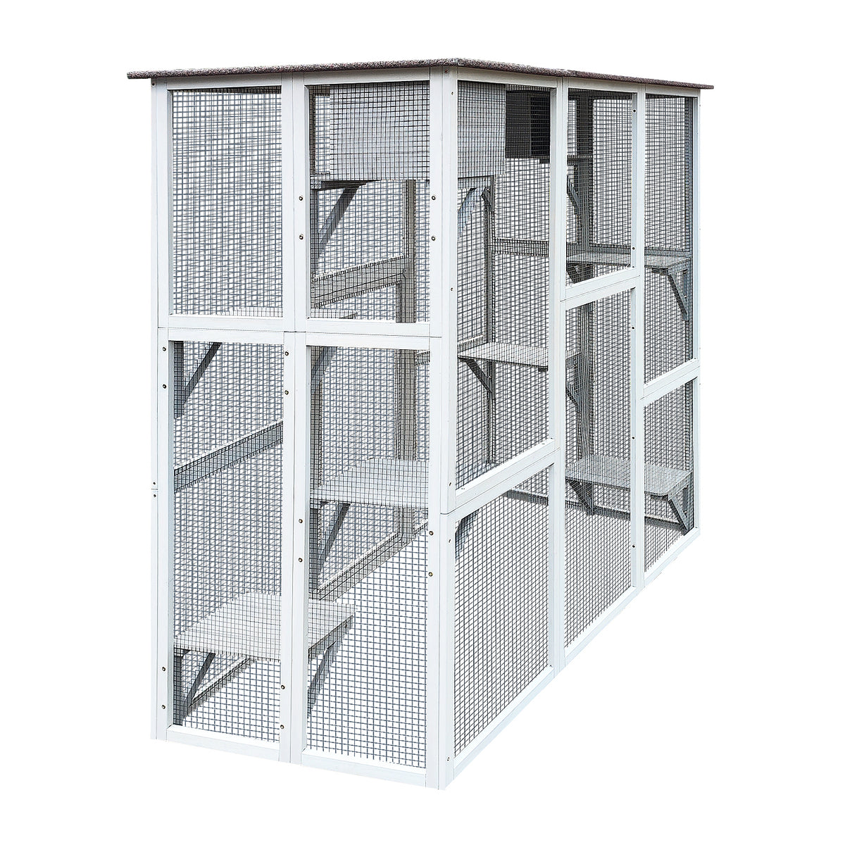 Wooden Catio Cat Enclosure, 71" Cat House Weatherproof Asphalt Roof, Large Solid Wood Cat Cage Playpen With 8 Jumping Platforms & 2 Napping Houses, Walk In Cat Kennel Condo Shelter Gray Wood